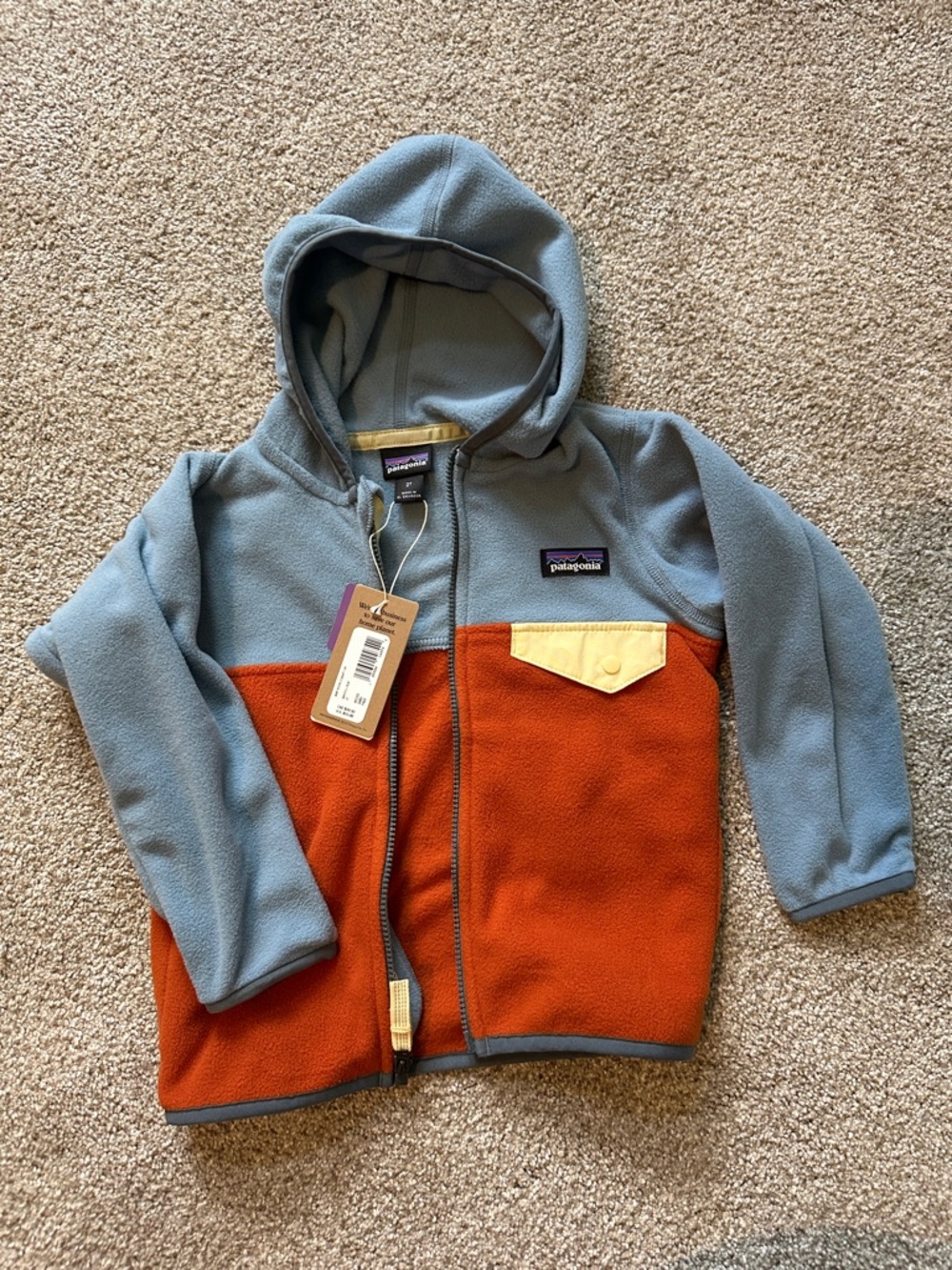 Patagonia Kids Hooded Fleece Jacket - Blue, Orange & Cream